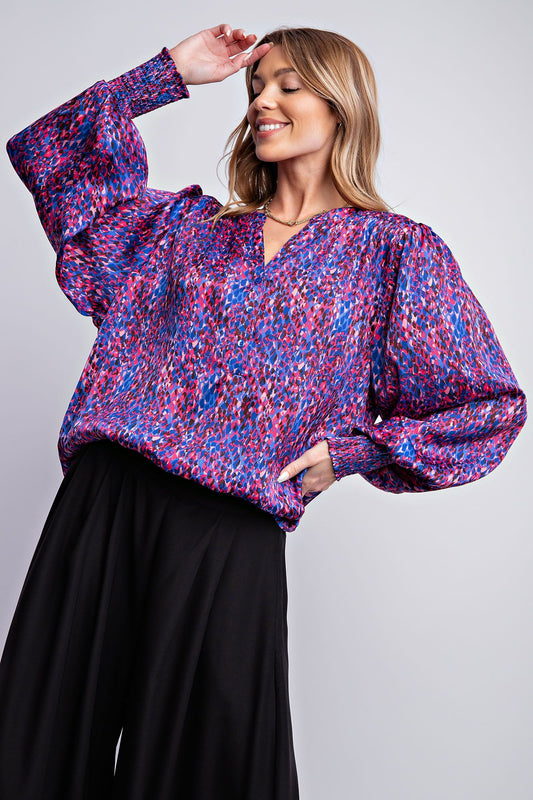 Easel Plus Abstract Printed Yoru Satin Notched Neck Blouse Tops