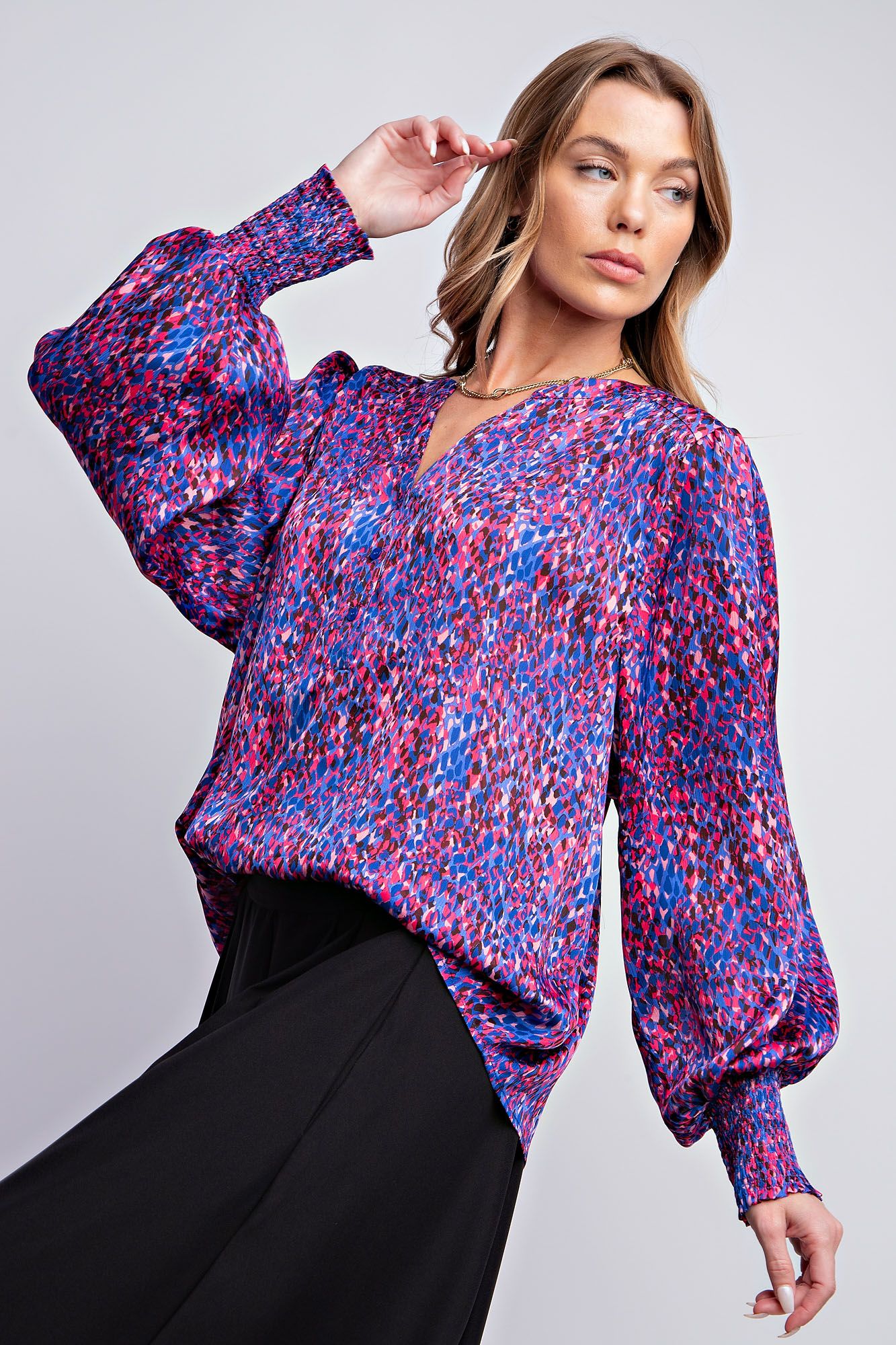 Easel Plus Abstract Printed Yoru Satin Notched Neck Blouse Tops