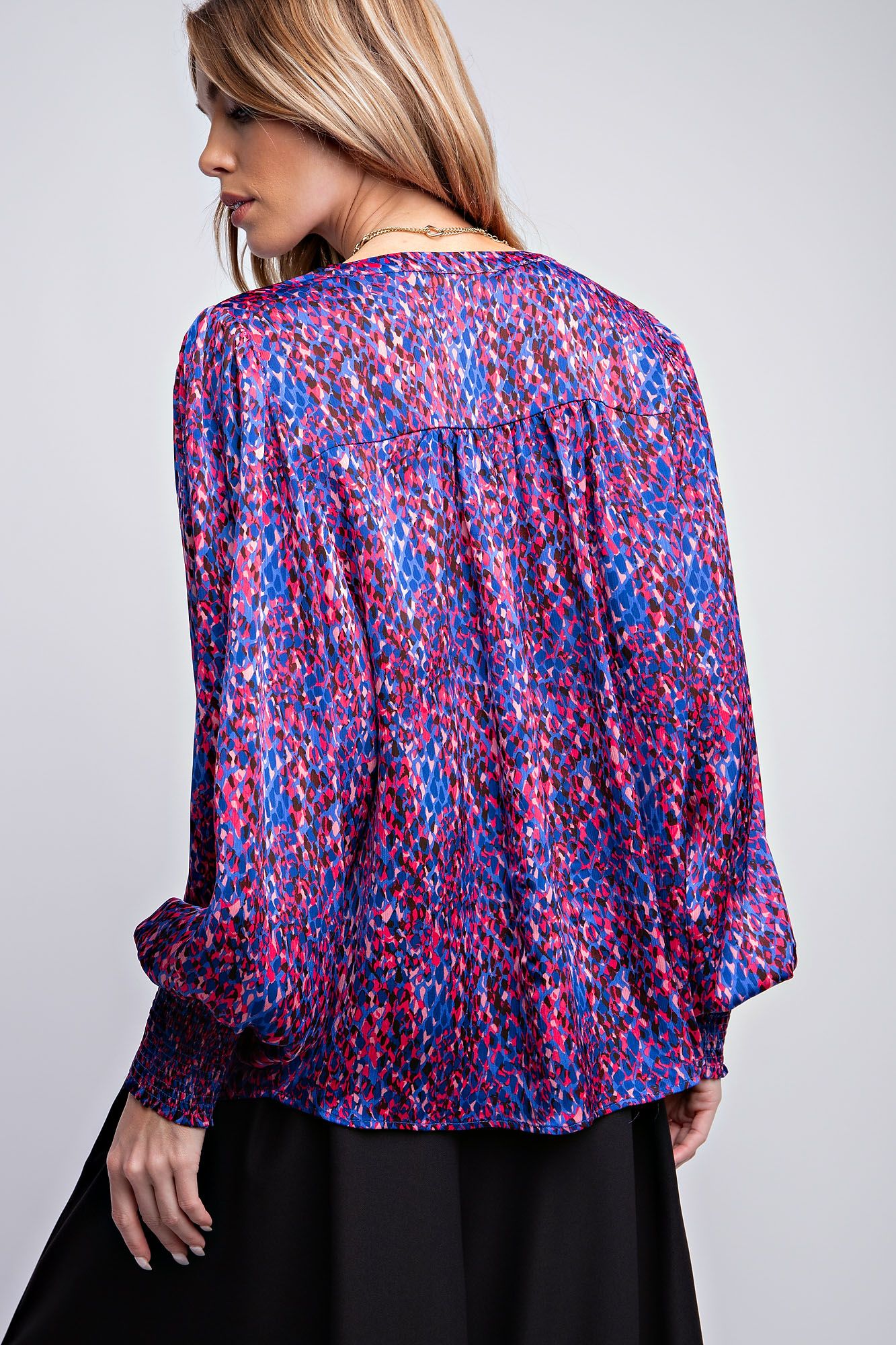 Easel Plus Abstract Printed Yoru Satin Notched Neck Blouse Tops