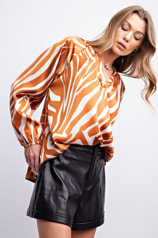 Easel Plus Zebra Animal Printed Dull Satin Blouse Tops