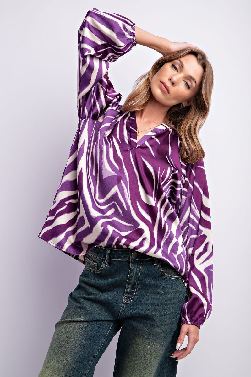 Easel Plus Zebra Animal Printed Dull Satin Blouse Tops