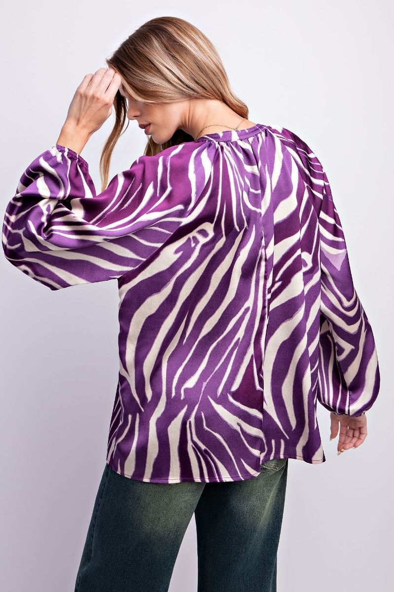 Easel Plus Zebra Animal Printed Dull Satin Blouse Tops
