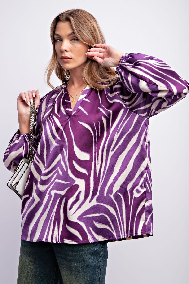 Easel Plus Zebra Animal Printed Dull Satin Blouse Tops