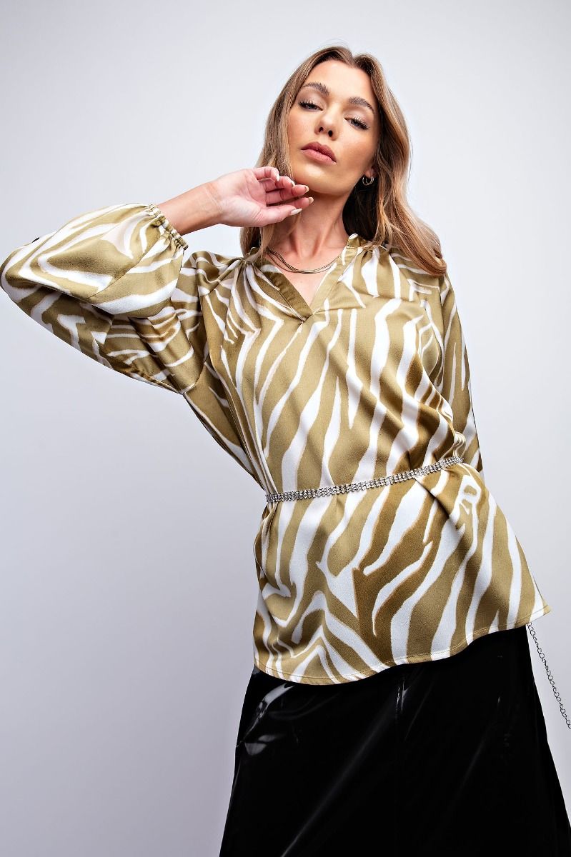 Easel Plus Zebra Animal Printed Dull Satin Blouse Tops