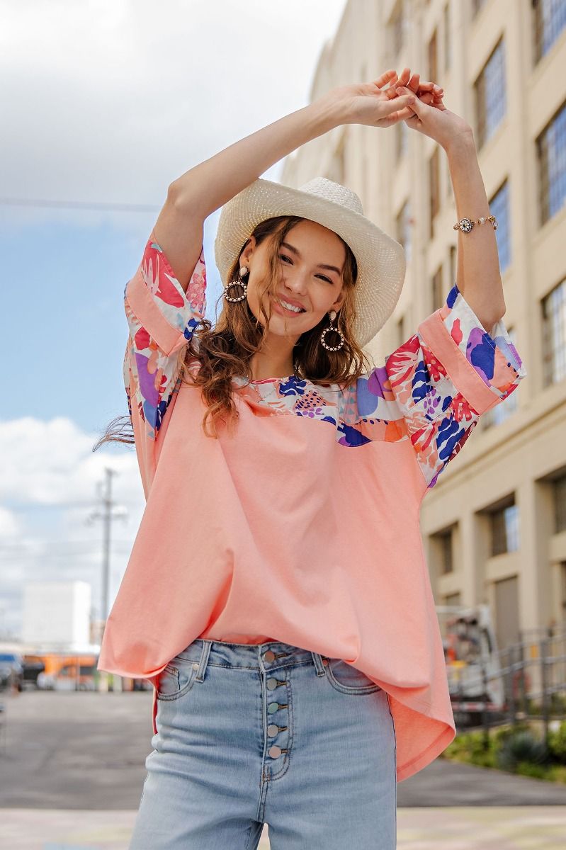 Easel Plus Mix Abstract Print Boxy Knit Round Hem Tops