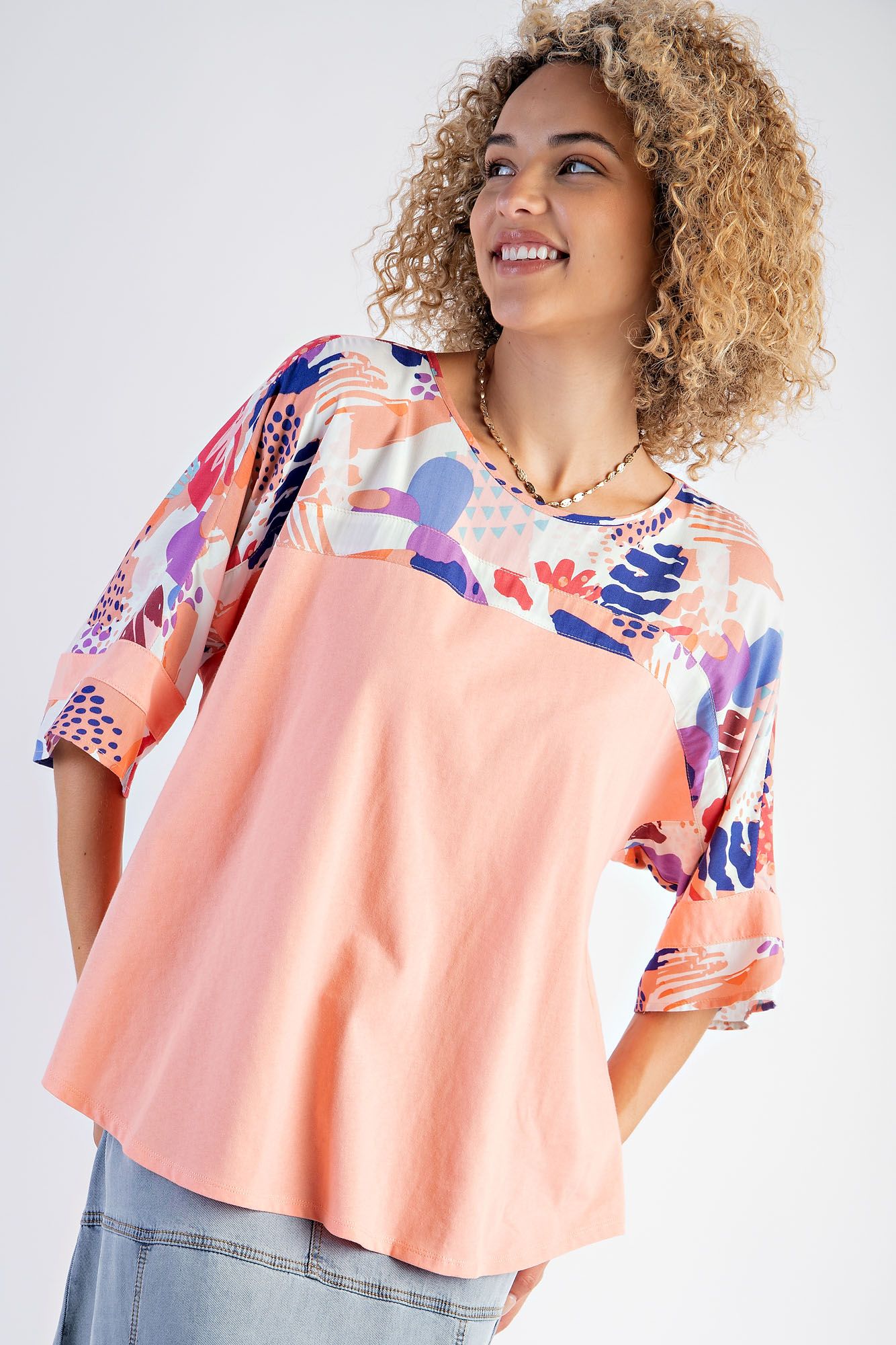 Easel Plus Mix Abstract Print Boxy Knit Round Hem Tops