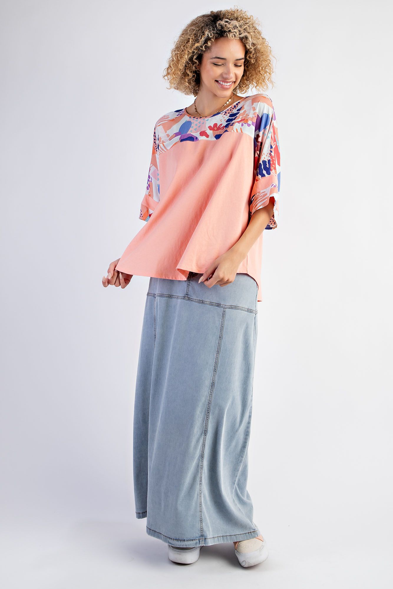 Easel Plus Mix Abstract Print Boxy Knit Round Hem Tops