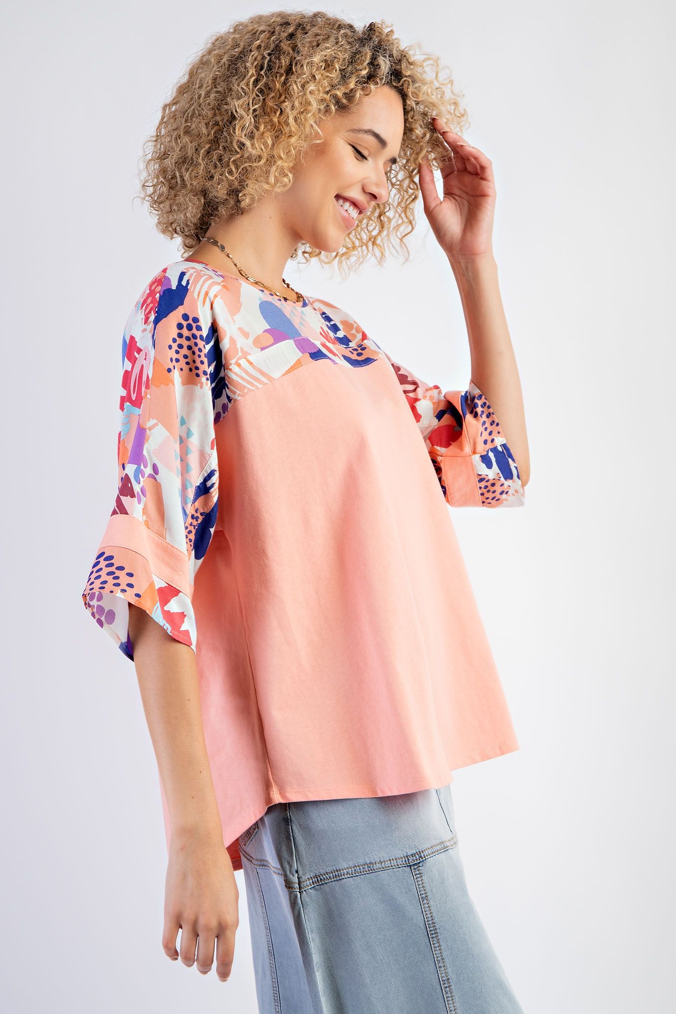 Easel Plus Mix Abstract Print Boxy Knit Round Hem Tops