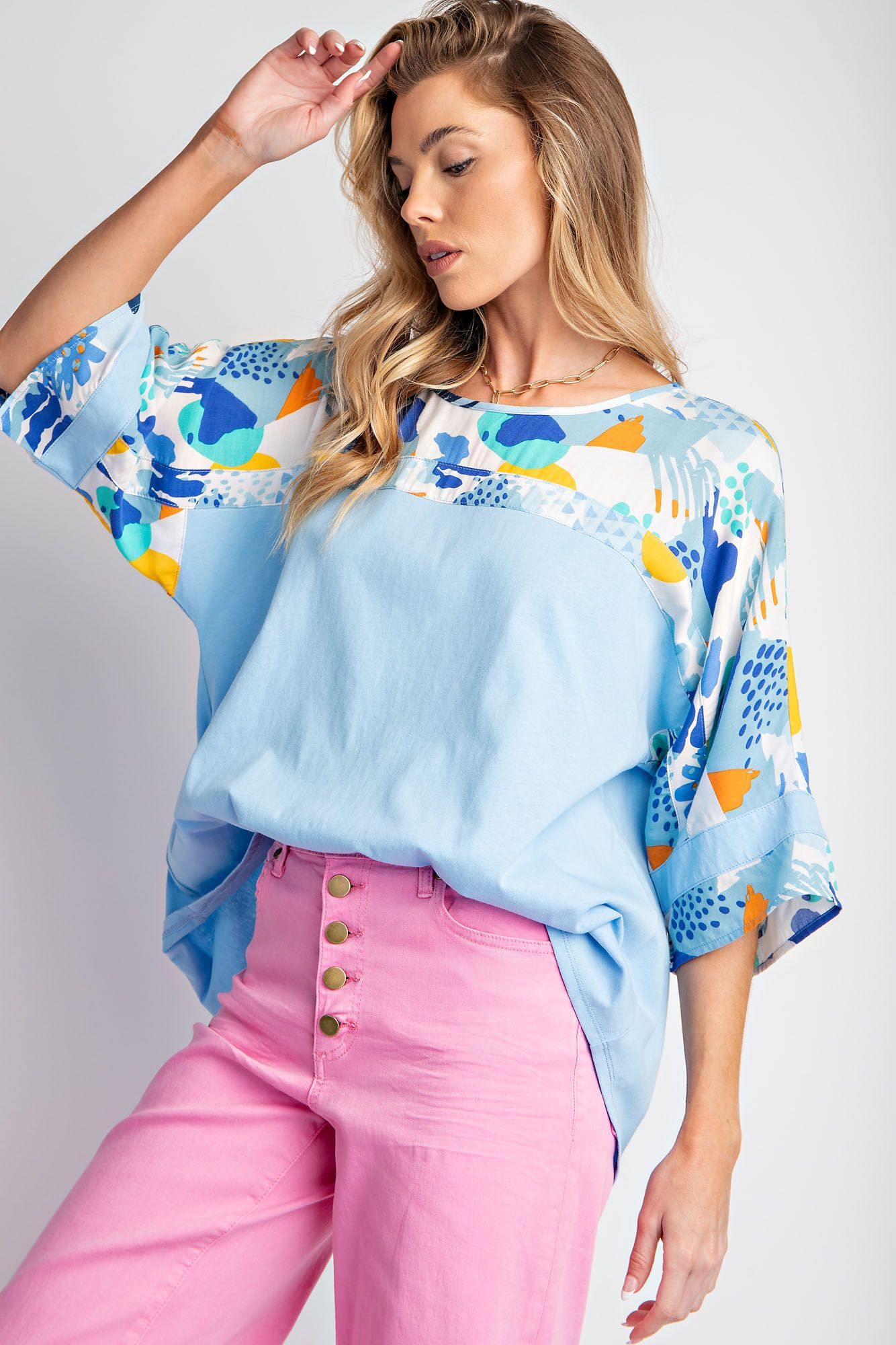 Easel Plus Mix Abstract Print Boxy Knit Round Hem Tops