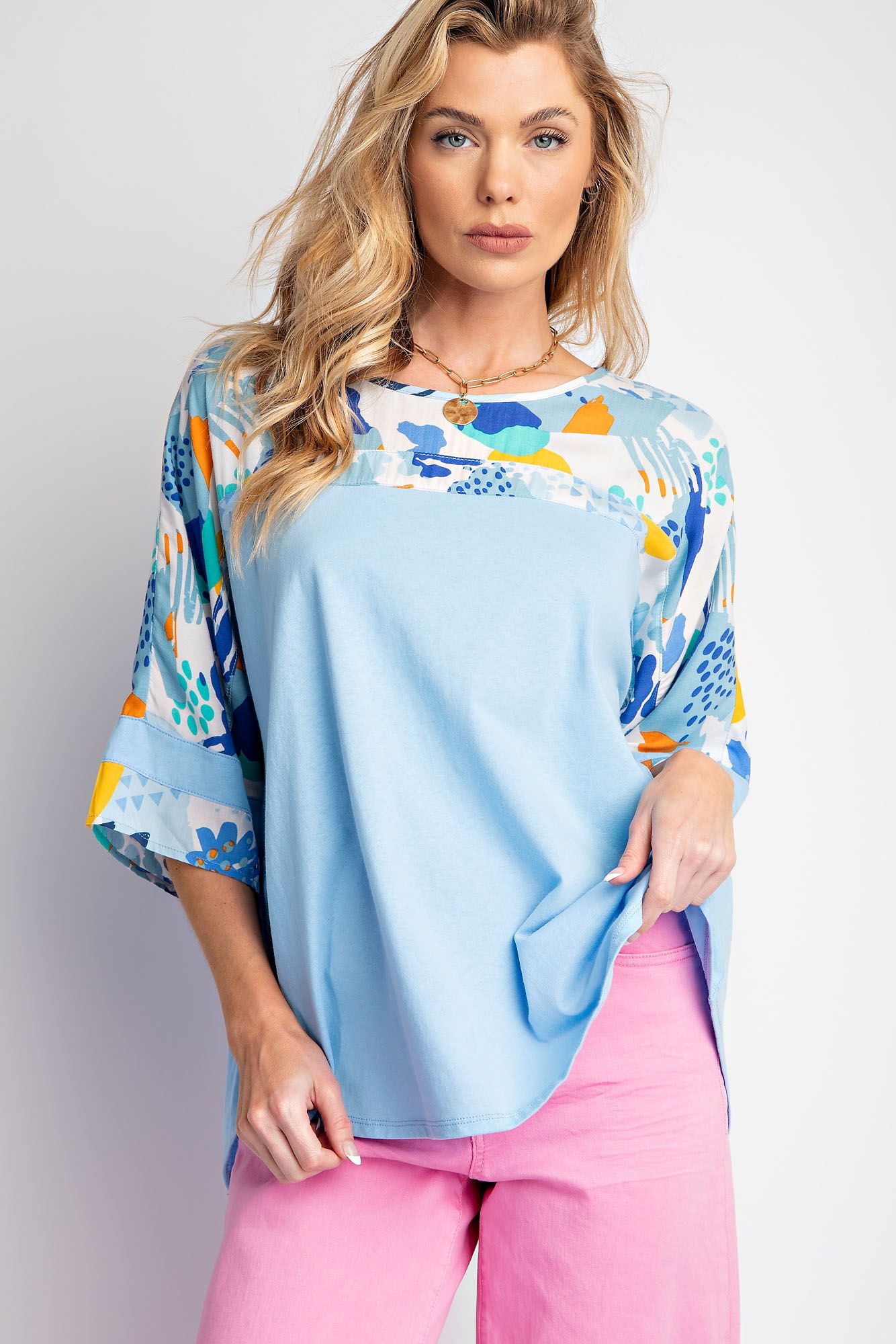 Easel Plus Mix Abstract Print Boxy Knit Round Hem Tops