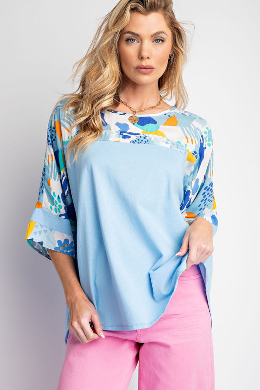 Easel Plus Mix Abstract Print Boxy Knit Round Hem Tops