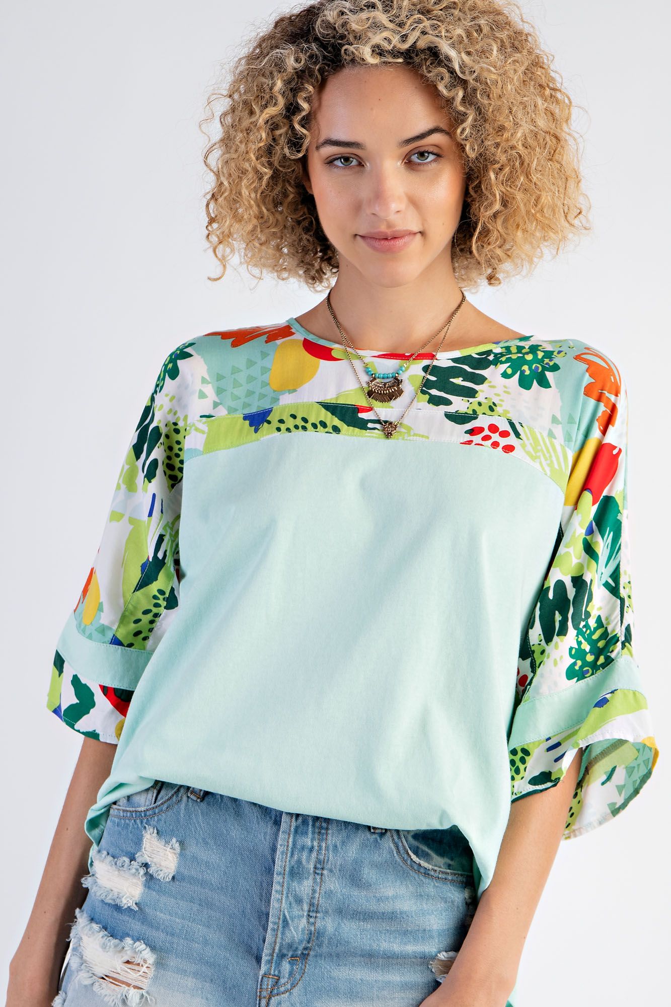 Easel Plus Mix Abstract Print Boxy Knit Round Hem Tops