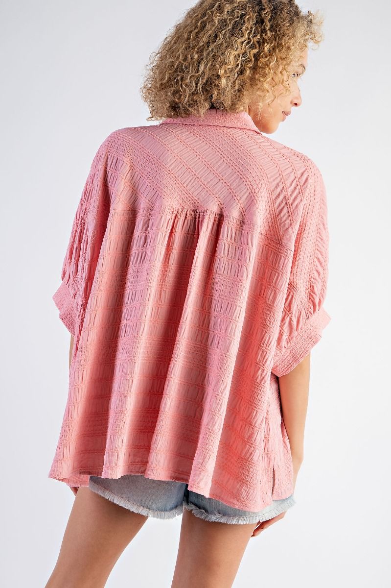 Easel Plus Textured Woven Button Down Oversized Shirt Tops