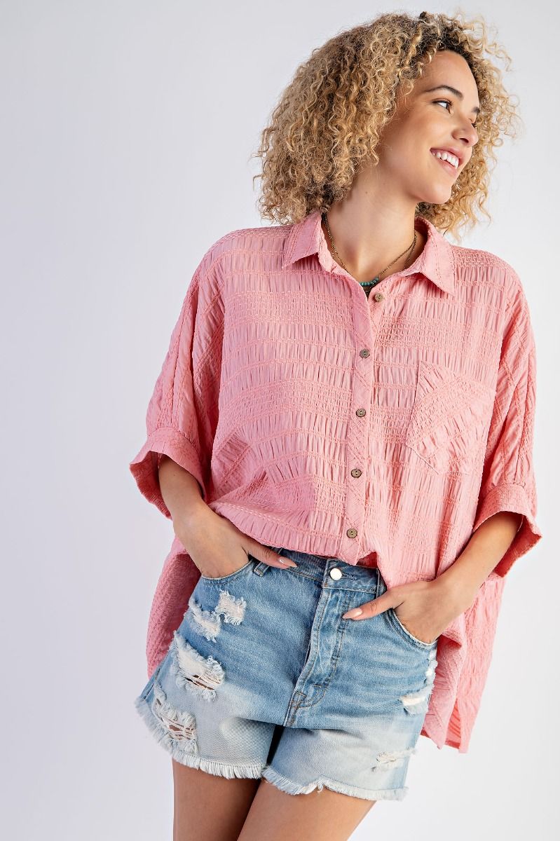 Easel Plus Textured Woven Button Down Oversized Shirt Tops