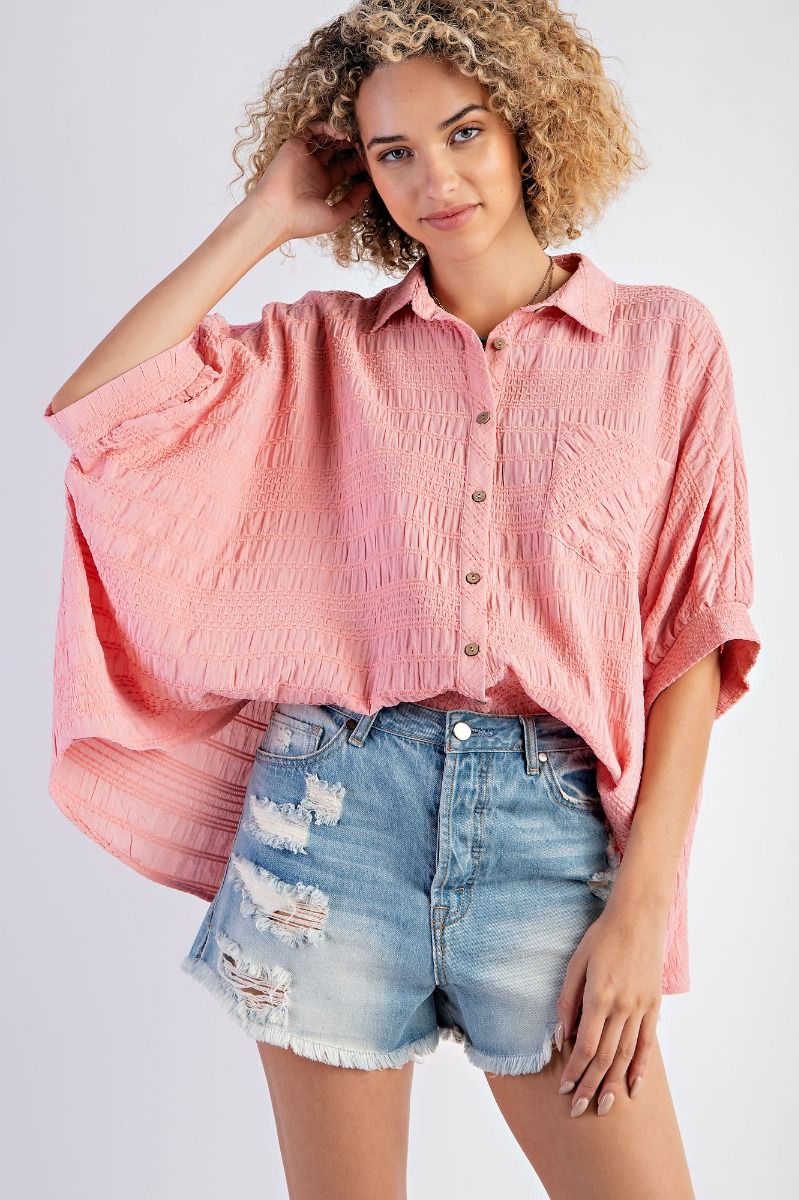 Easel Plus Textured Woven Button Down Oversized Shirt Tops