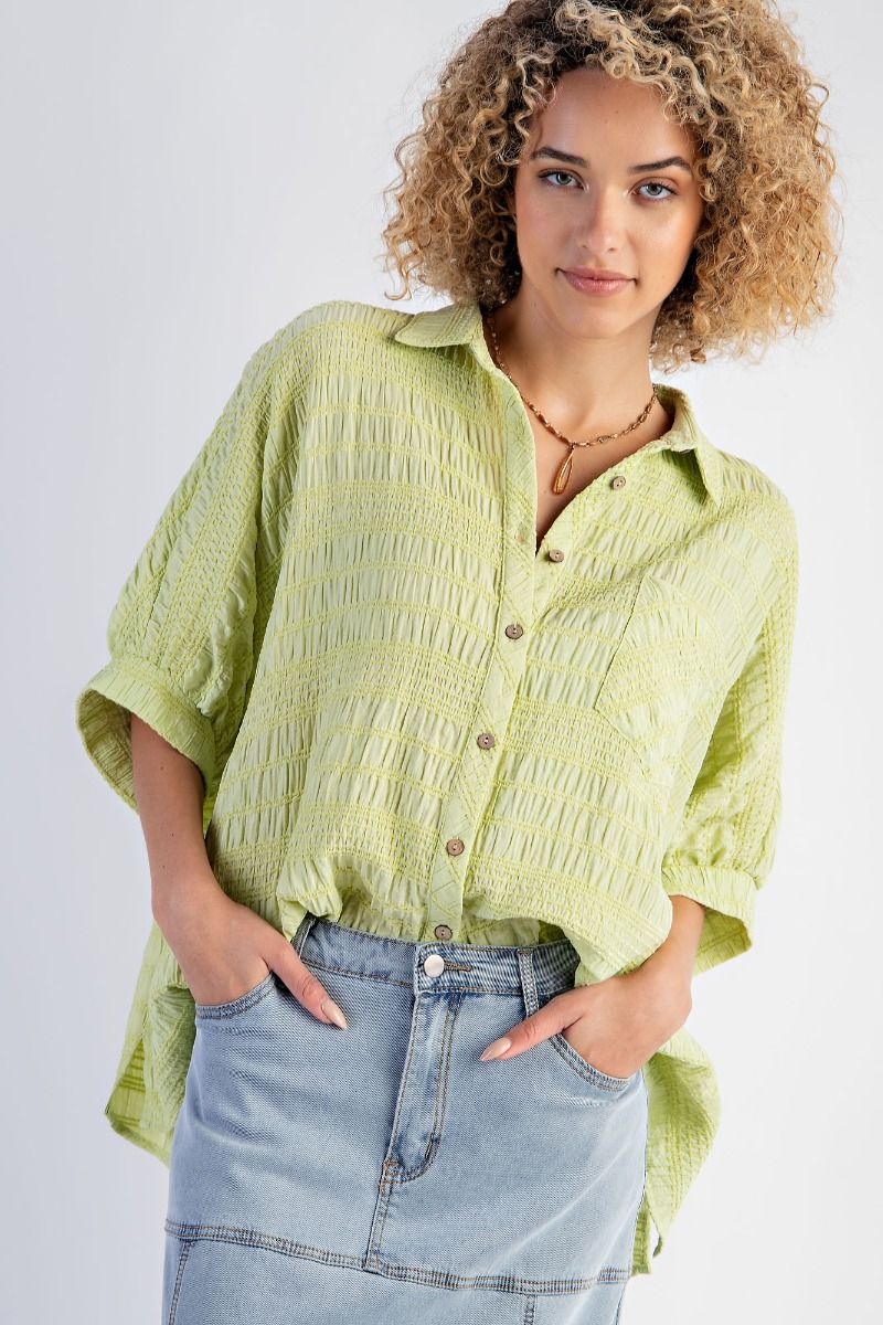 Easel Plus Textured Woven Button Down Oversized Shirt Tops