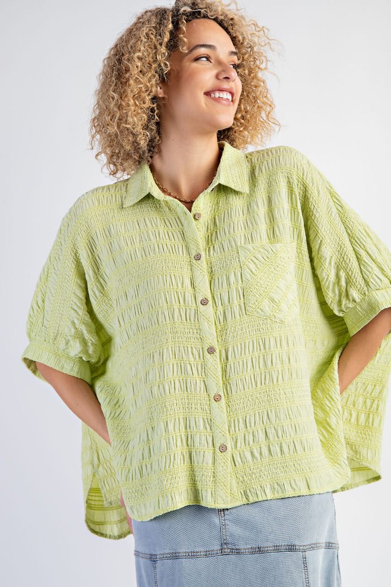 Easel Plus Textured Woven Button Down Oversized Shirt Tops