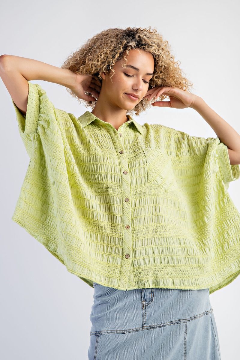 Easel Plus Textured Woven Button Down Oversized Shirt Tops