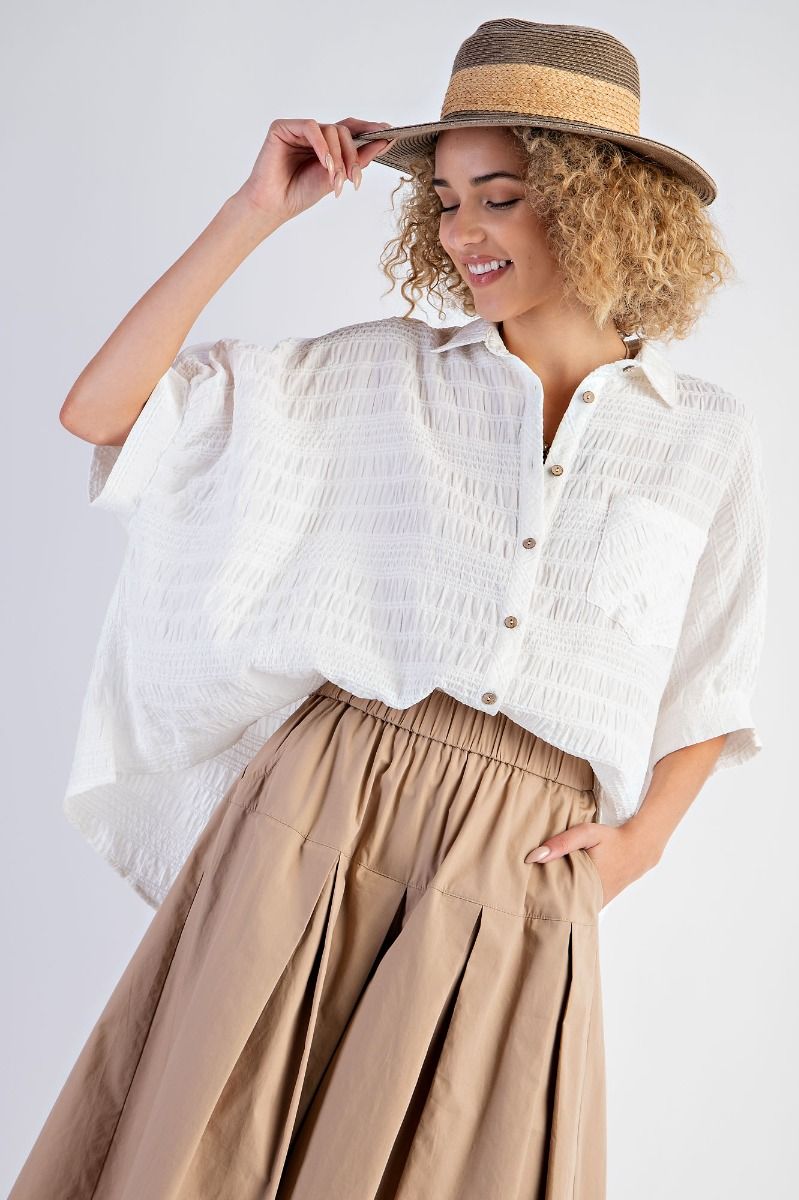 Easel Plus Textured Woven Button Down Oversized Shirt Tops