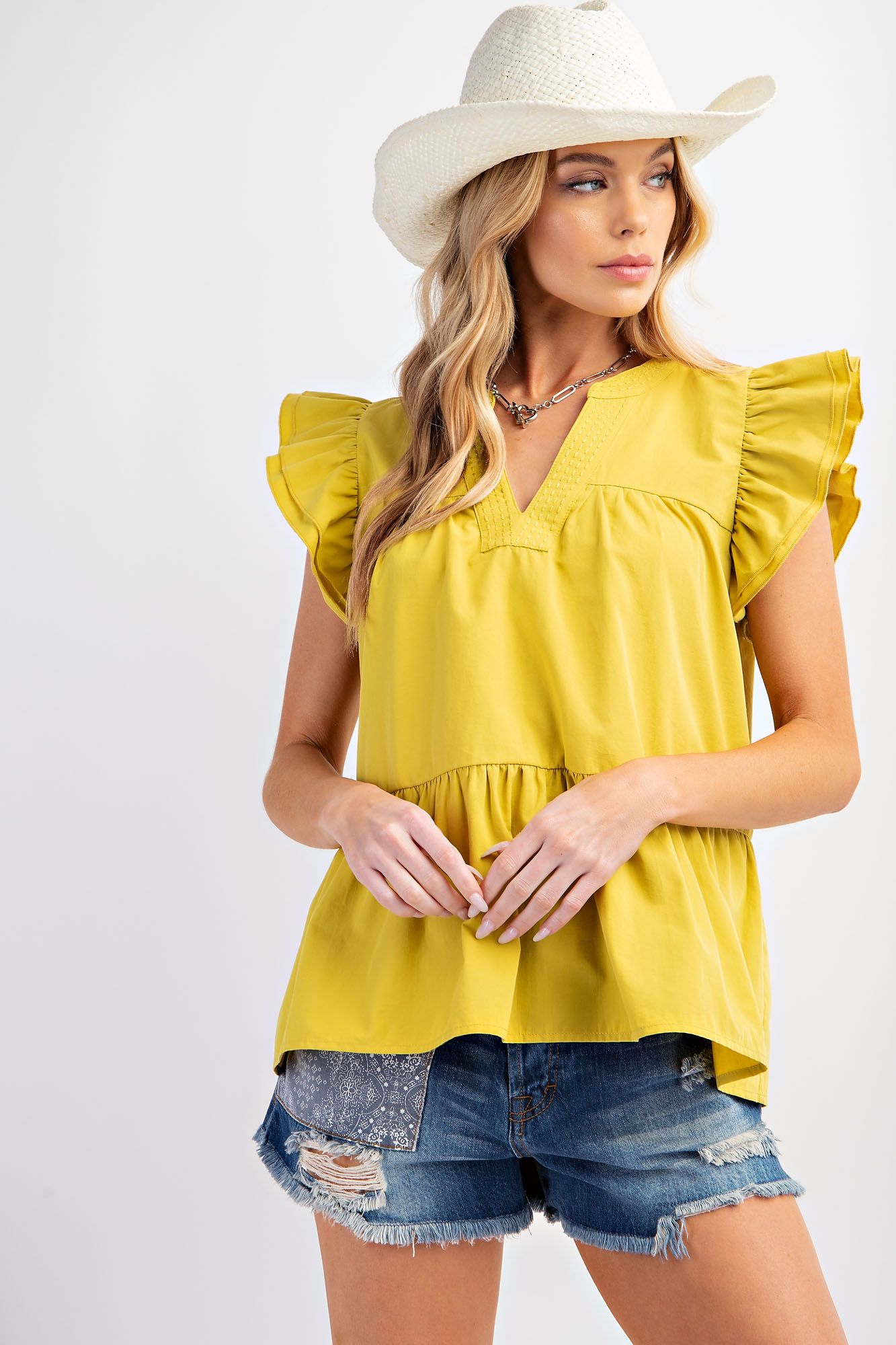 Easel Plus Ruffle Bottom V Neck Tiered Tops