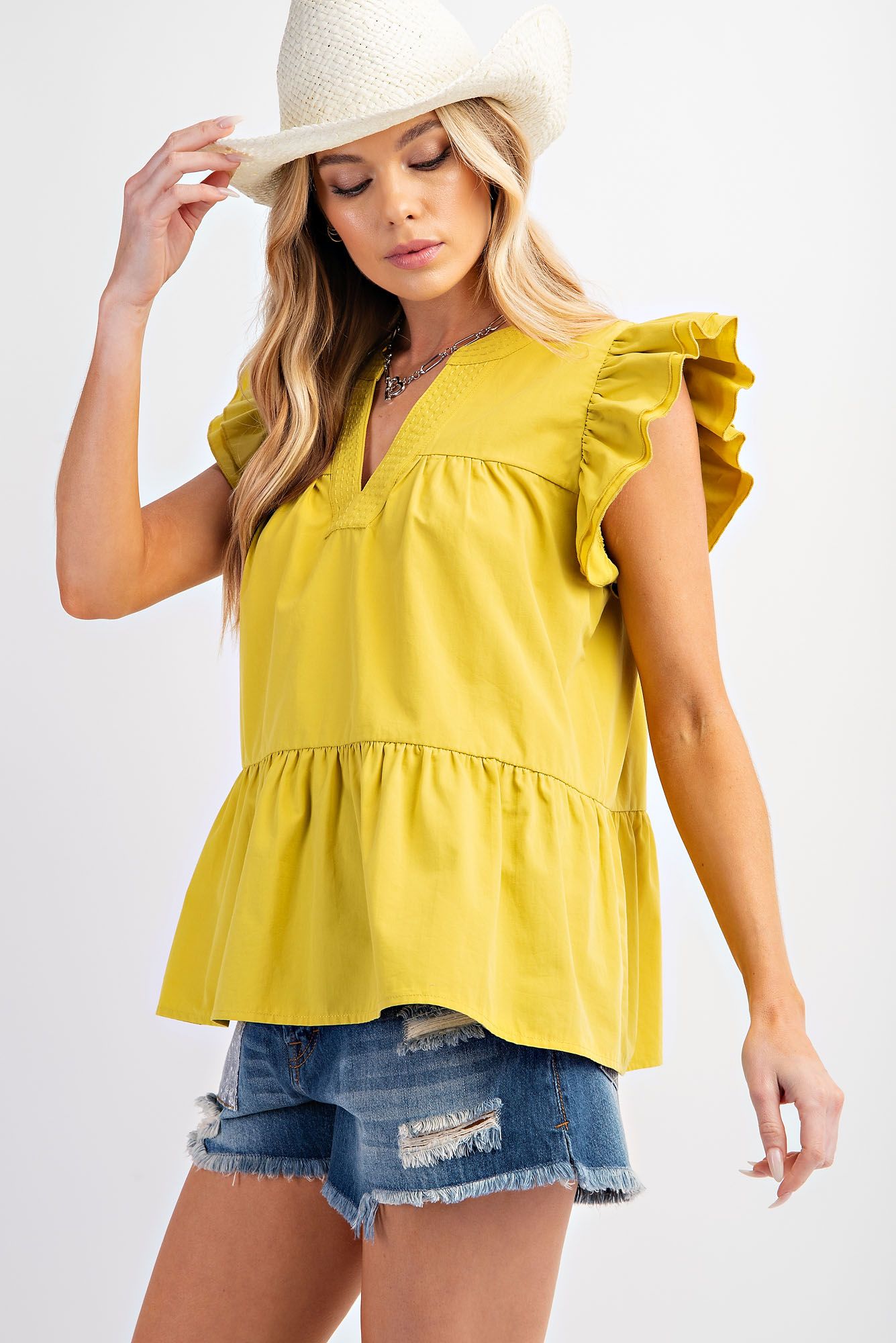 Easel Plus Ruffle Bottom V Neck Tiered Tops