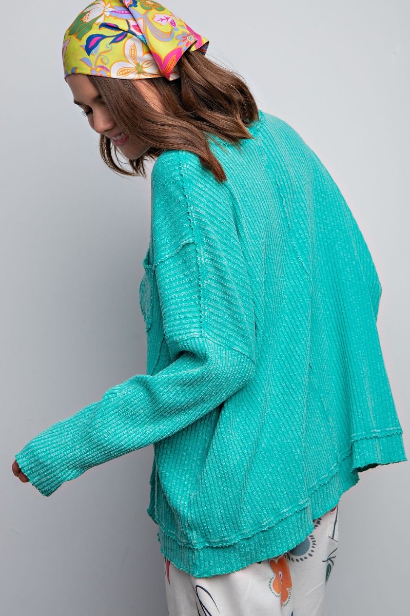 Easel Plus Textured Rib Knit Mineral Washed Relaxed Fit Tops