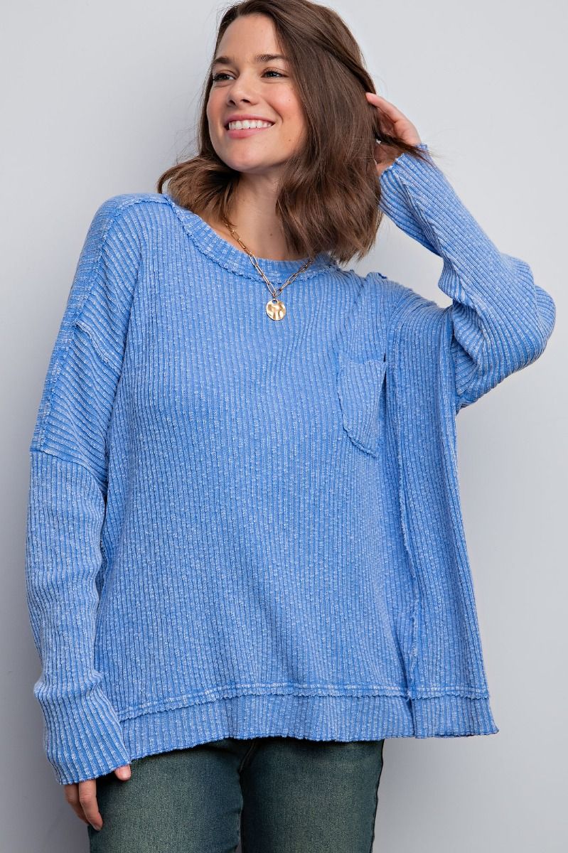 Easel Plus Textured Rib Knit Mineral Washed Relaxed Fit Tops