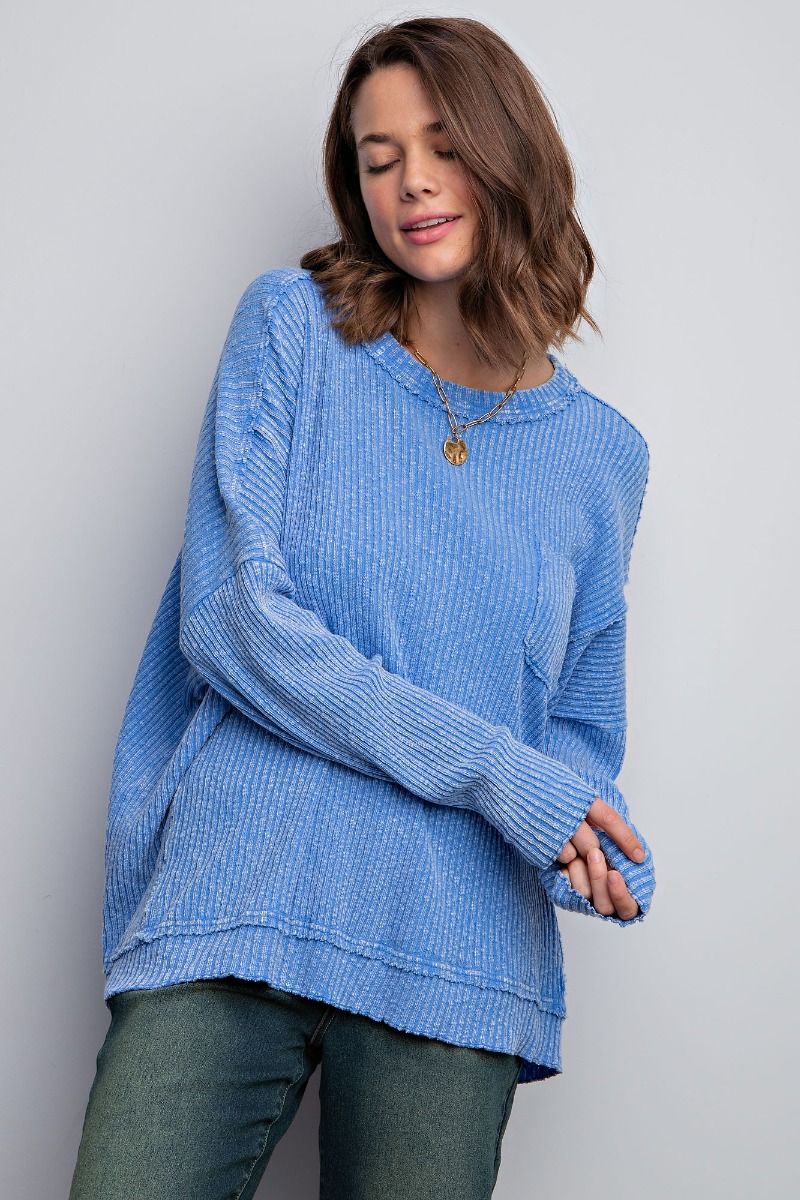 Easel Plus Textured Rib Knit Mineral Washed Relaxed Fit Tops