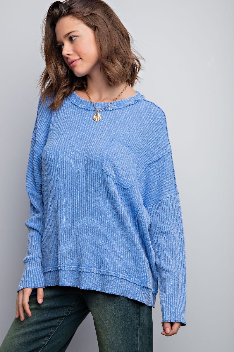Easel Plus Textured Rib Knit Mineral Washed Relaxed Fit Tops