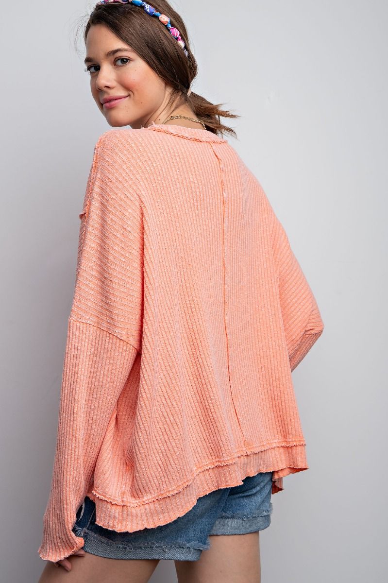 Easel Plus Textured Rib Knit Mineral Washed Relaxed Fit Tops