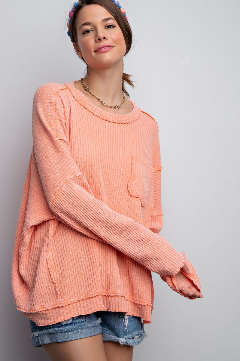 Easel Plus Textured Rib Knit Mineral Washed Relaxed Fit Tops