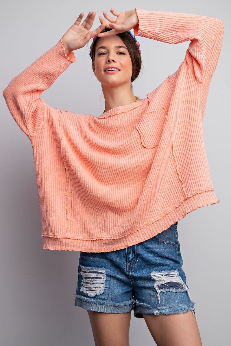 Easel Plus Textured Rib Knit Mineral Washed Relaxed Fit Tops