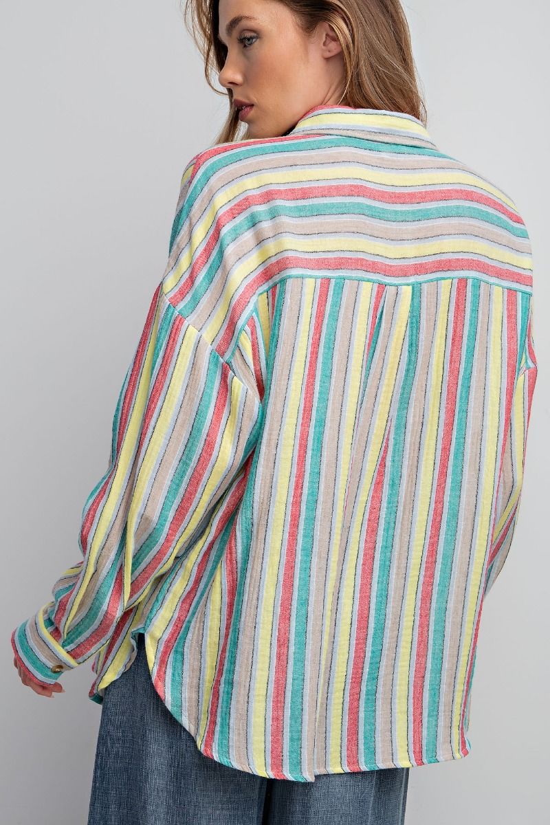 Easel Plus Striped Cotton Gauze Button Down Shirt Tops