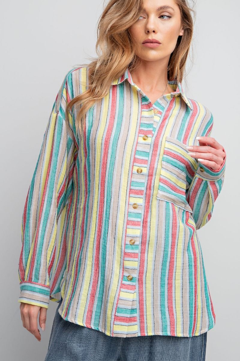 Easel Plus Striped Cotton Gauze Button Down Shirt Tops