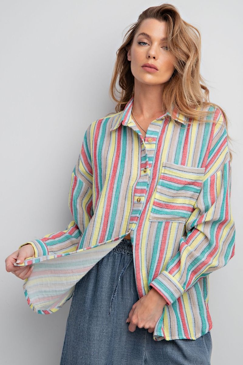 Easel Plus Striped Cotton Gauze Button Down Shirt Tops