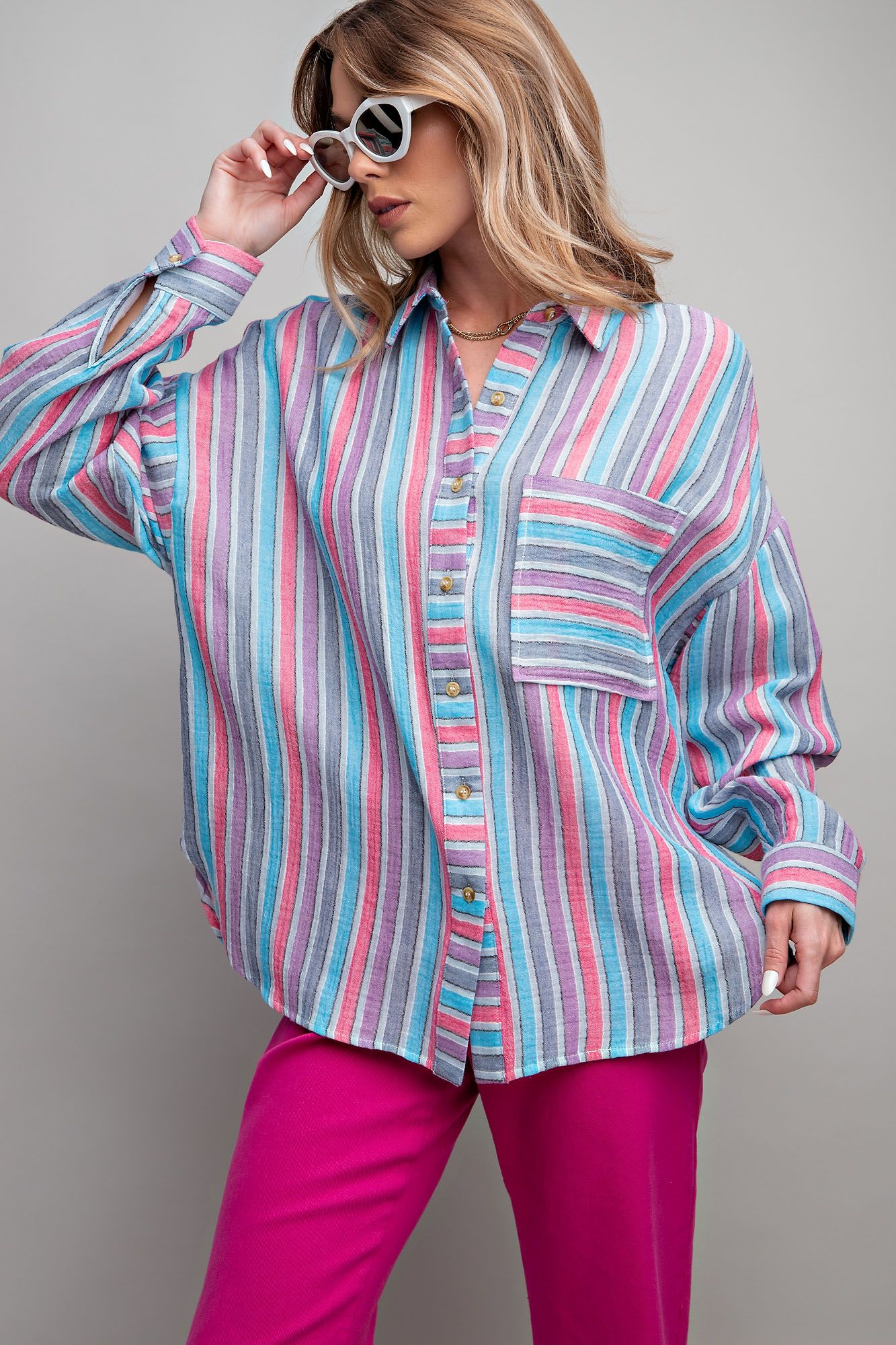 Easel Plus Striped Cotton Gauze Button Down Shirt Tops