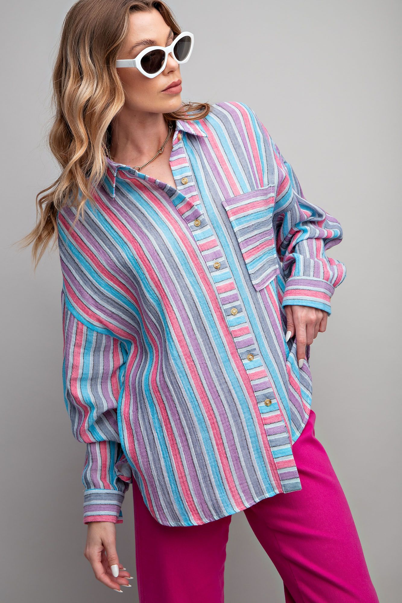 Easel Plus Striped Cotton Gauze Button Down Shirt Tops