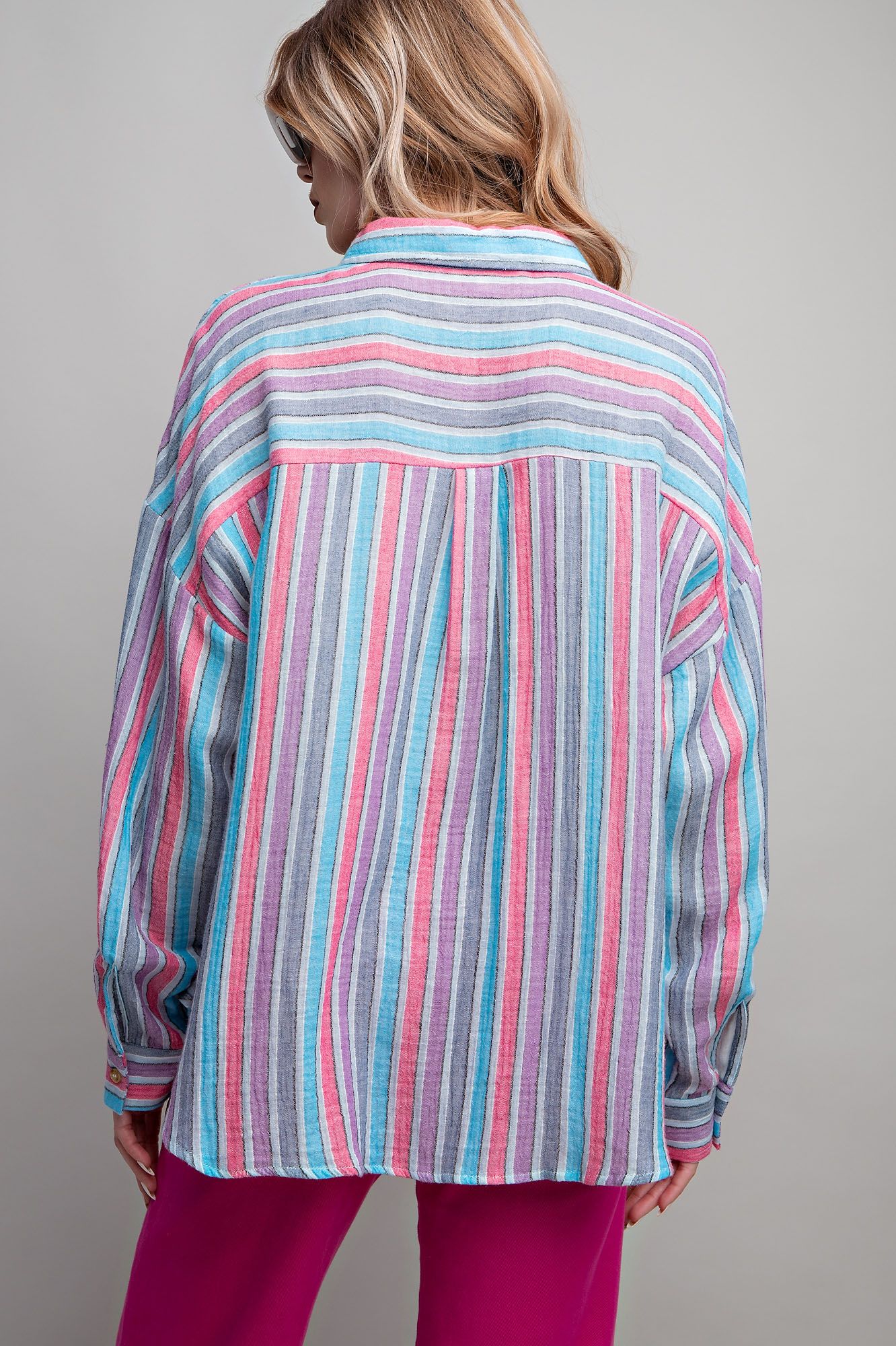 Easel Plus Striped Cotton Gauze Button Down Shirt Tops