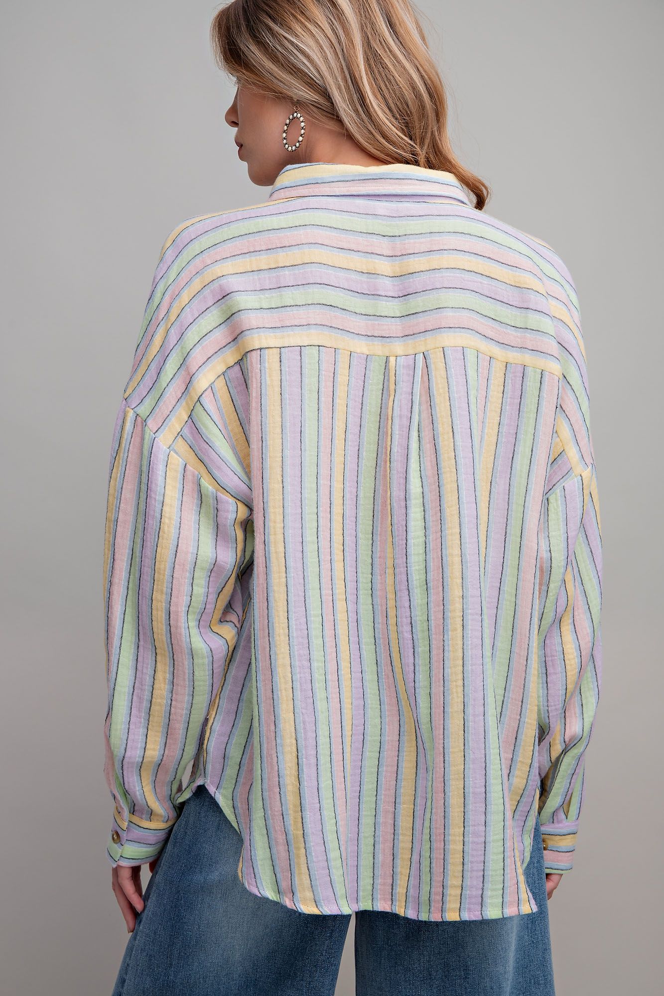 Easel Plus Striped Cotton Gauze Button Down Shirt Tops