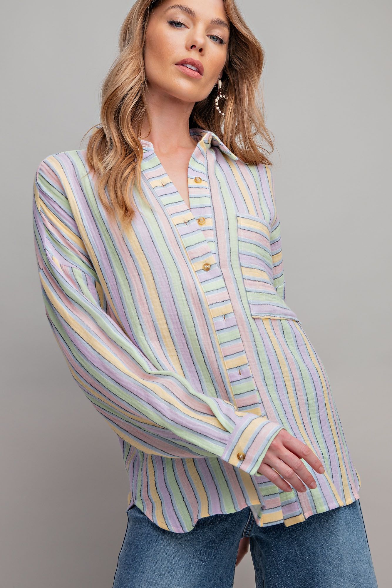 Easel Plus Striped Cotton Gauze Button Down Shirt Tops