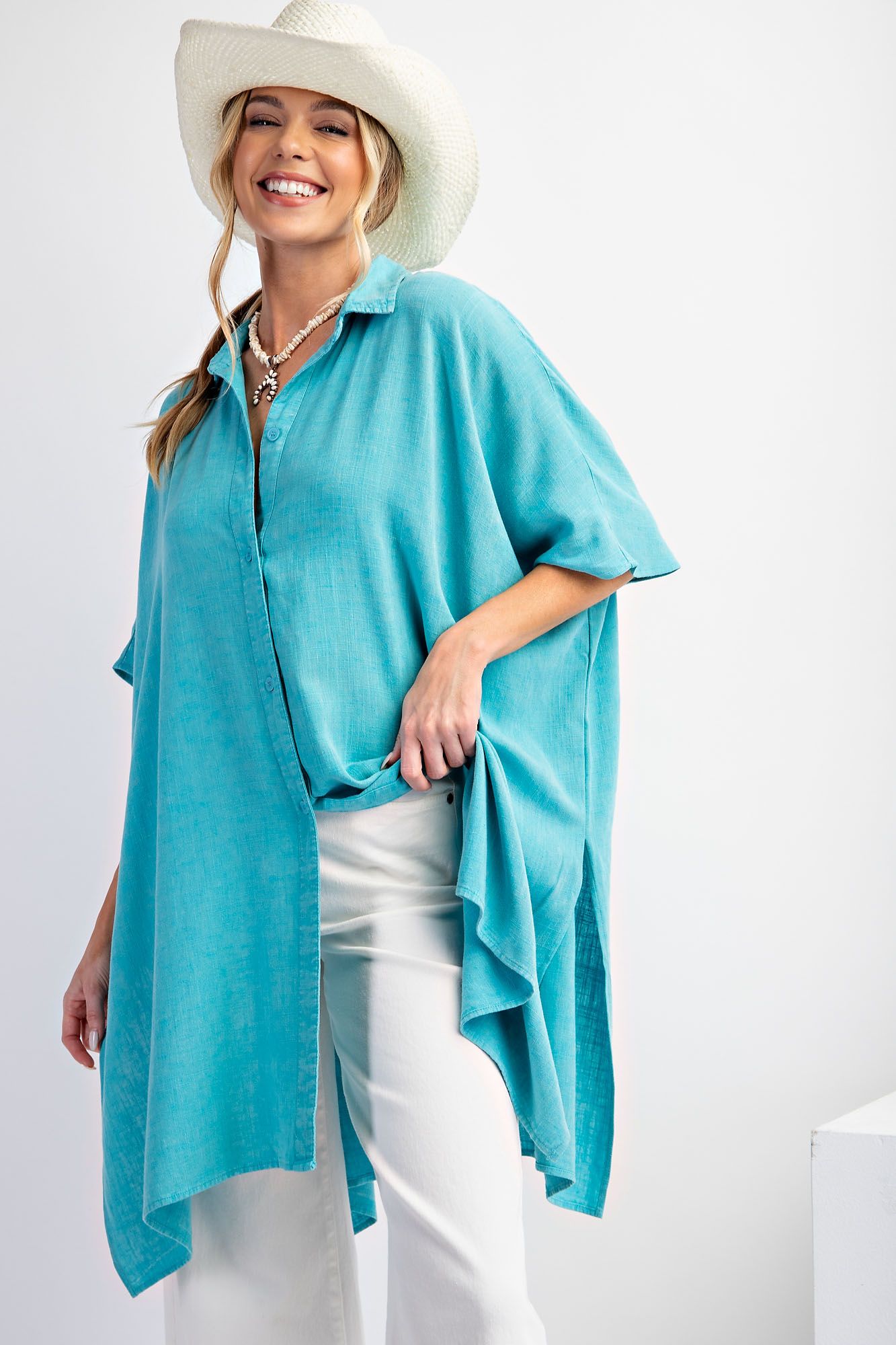 Easel Plus Mineral Washed Linen Button Down Shirt Tunic Tops