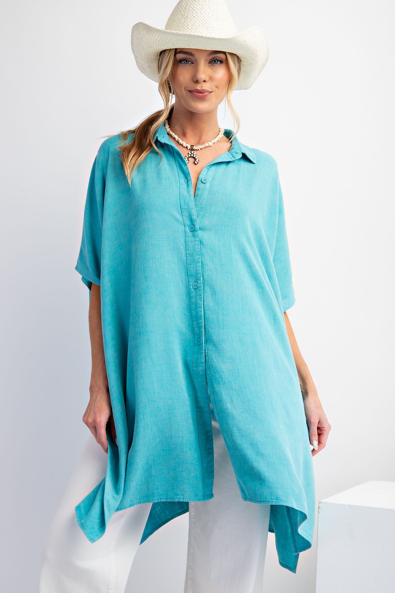 Easel Plus Mineral Washed Linen Button Down Shirt Tunic Tops