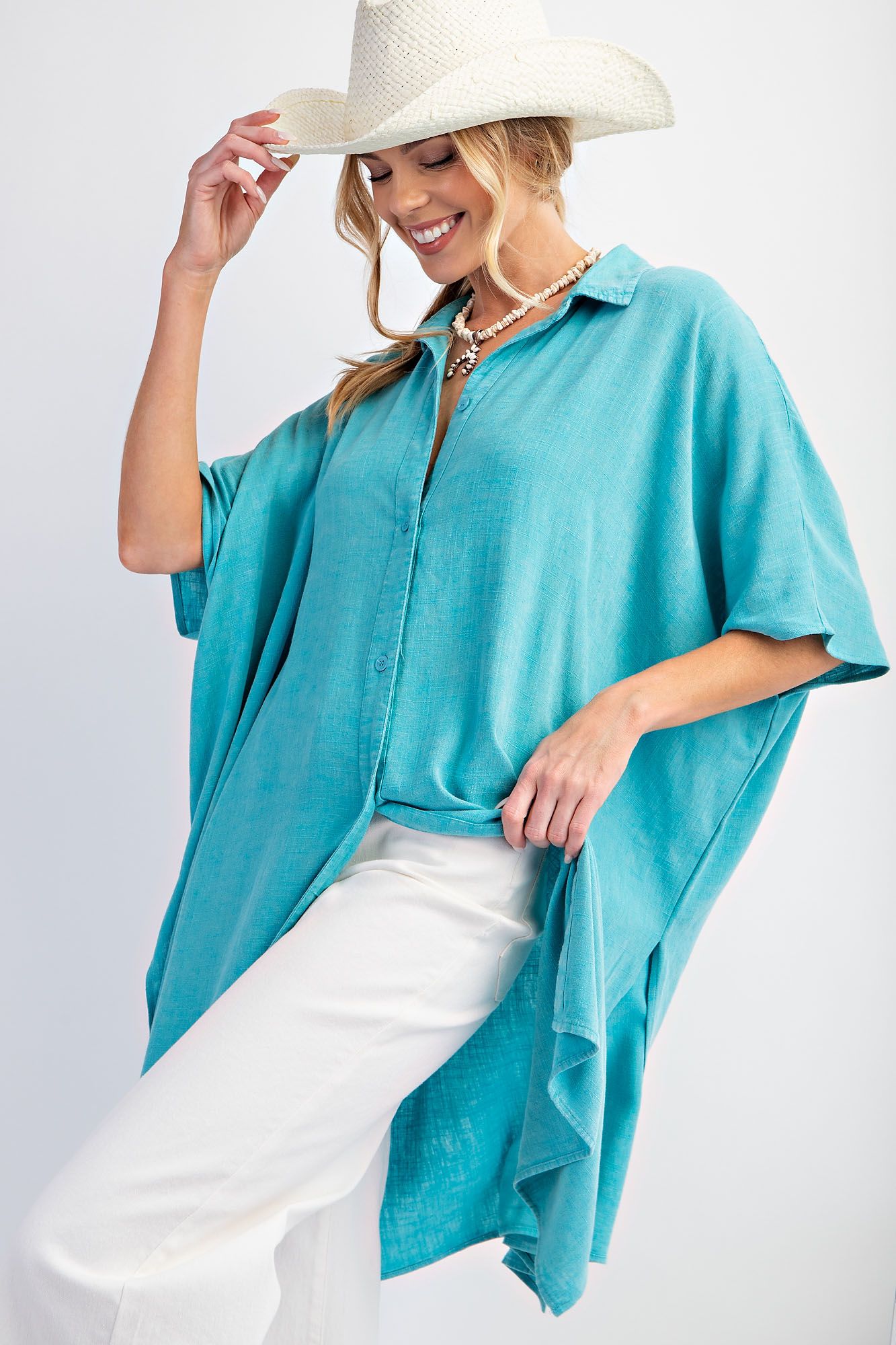 Easel Plus Mineral Washed Linen Button Down Shirt Tunic Tops