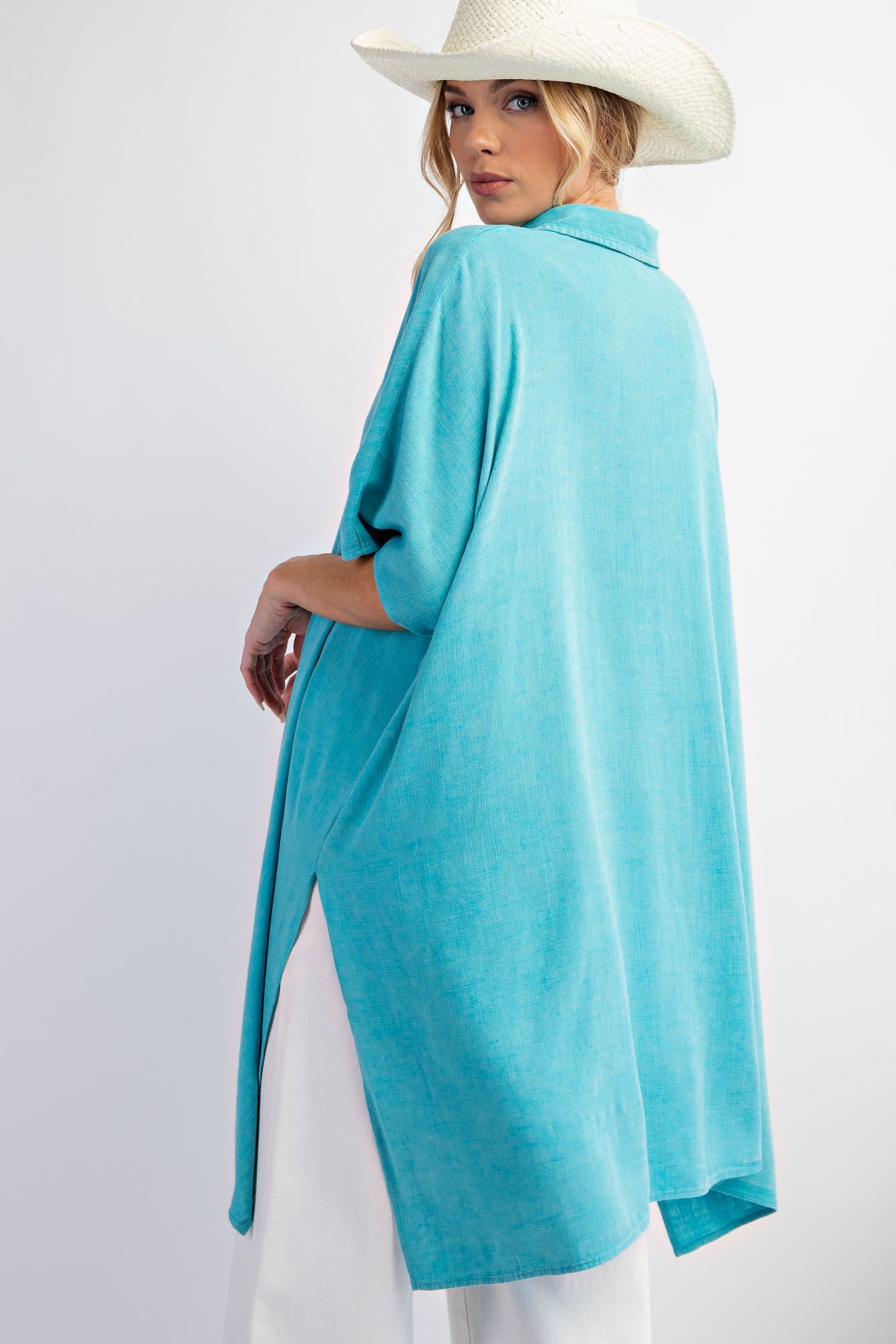 Easel Plus Mineral Washed Linen Button Down Shirt Tunic Tops