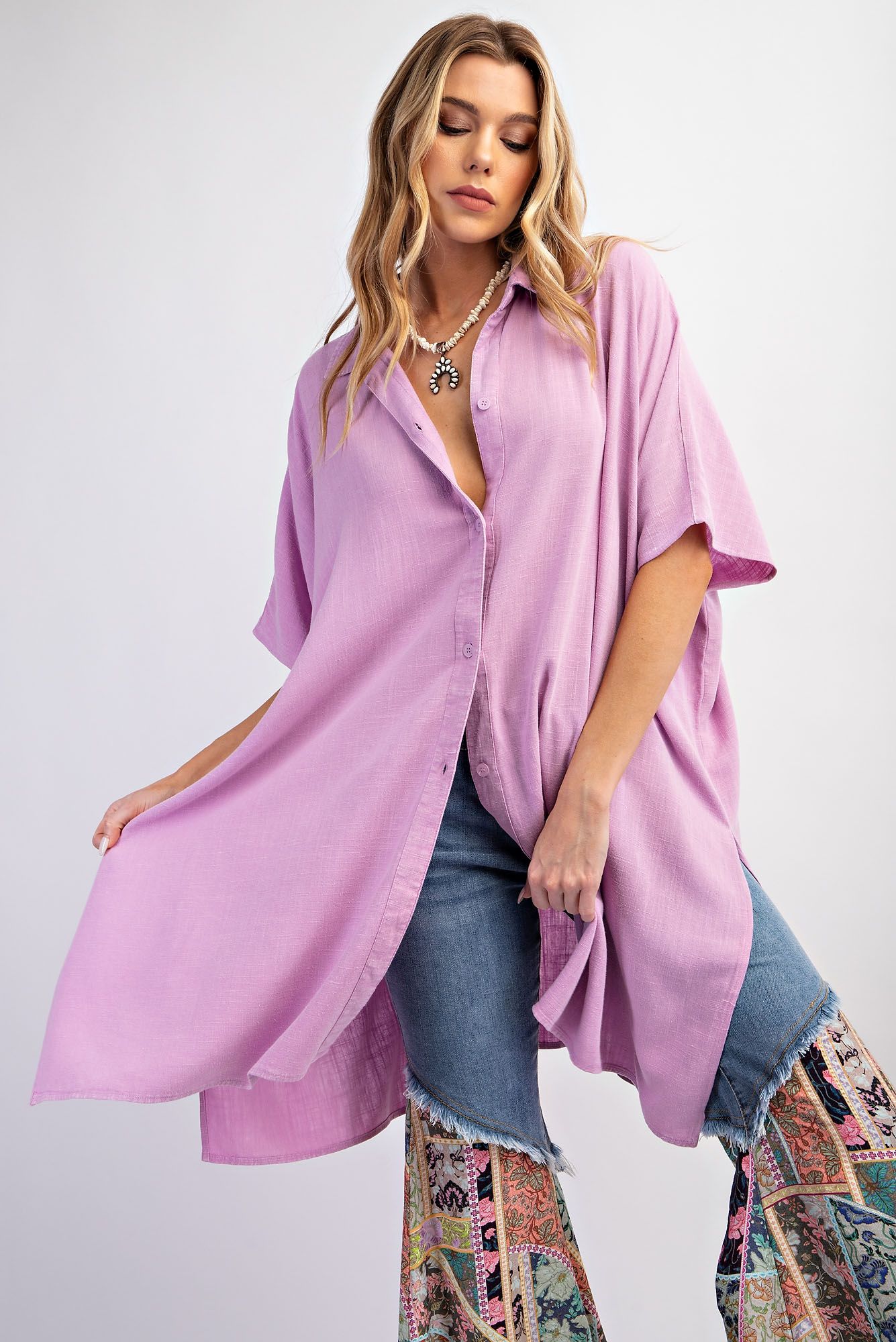 Easel Plus Mineral Washed Linen Button Down Shirt Tunic Tops