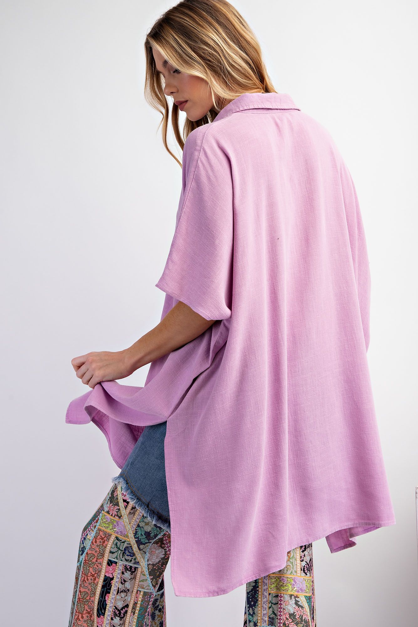 Easel Plus Mineral Washed Linen Button Down Shirt Tunic Tops