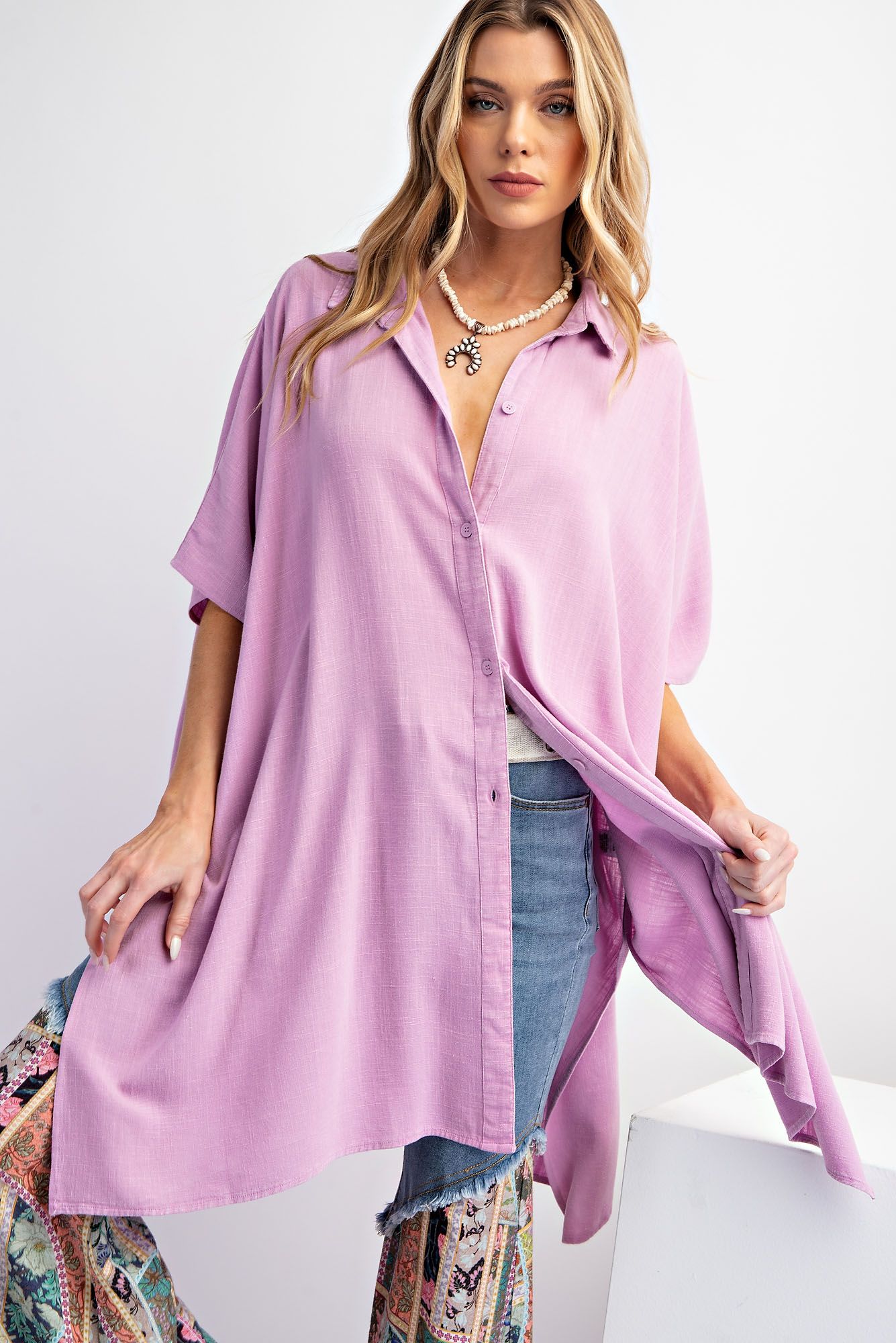 Easel Plus Mineral Washed Linen Button Down Shirt Tunic Tops