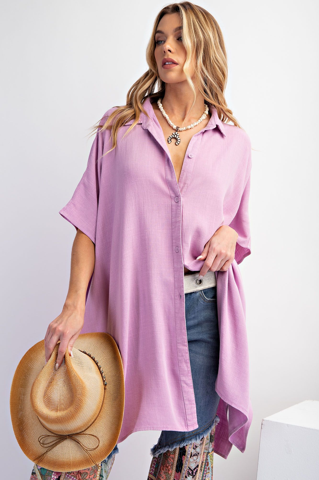 Easel Plus Mineral Washed Linen Button Down Shirt Tunic Tops