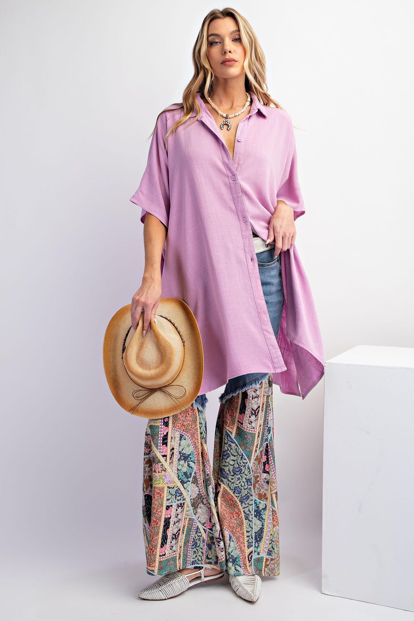 Easel Plus Mineral Washed Linen Button Down Shirt Tunic Tops