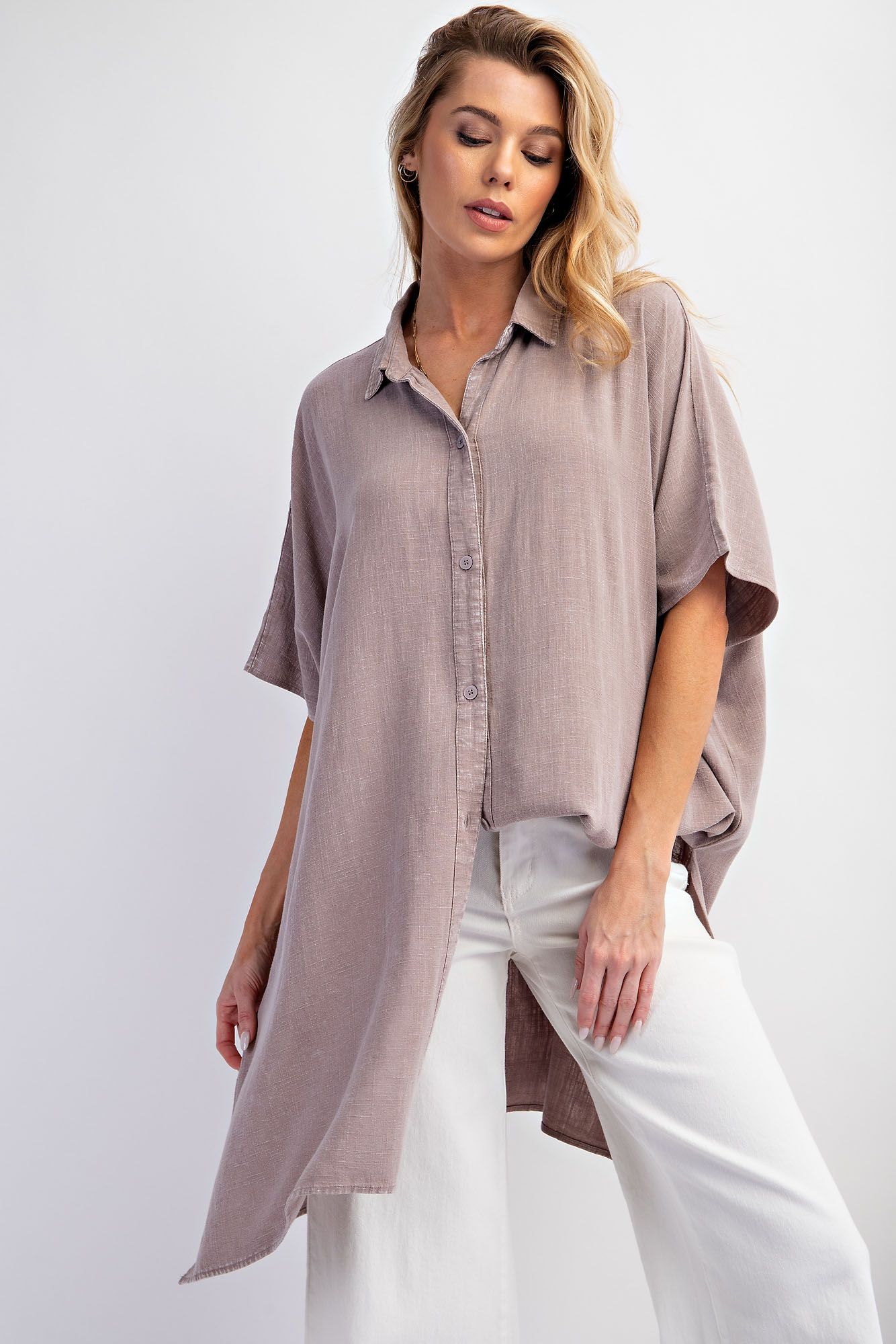 Easel Plus Mineral Washed Linen Button Down Shirt Tunic Tops
